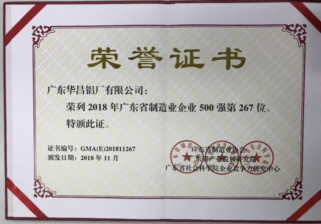 4008云顶集团荣誉 | 4008云顶集团铝业上榜“2018年广东省造作业企业500强”